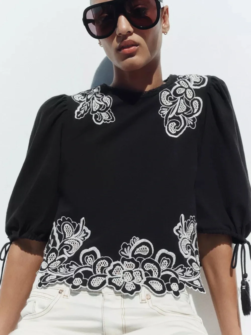 Zara Black Blouse with White Floral Embroidery